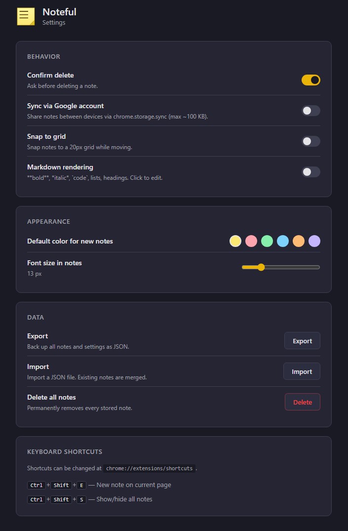 Settings page